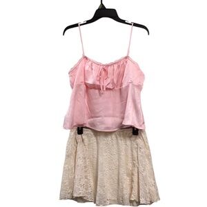Pink Satin Cami with Cream Lace Skirt Two-Piece Set